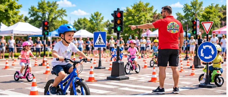 AI-illusztráció szabadtéri, ideiglenes mobil KRESZ-pályáról